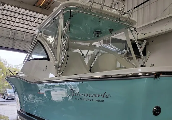 Albemarle boat with a teal hull