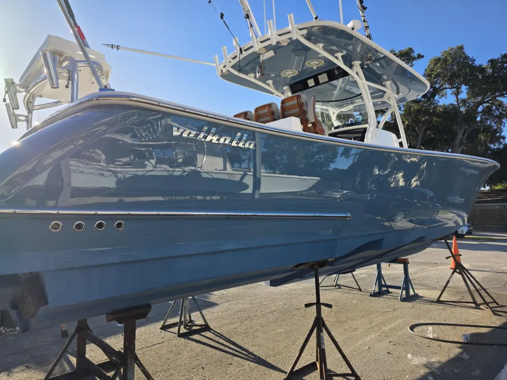 Blue Valhalla center console with Yacht Armor film on the hull, Savannah GA