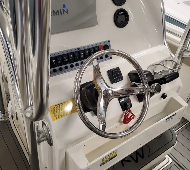 Boat helm with stainless wheel