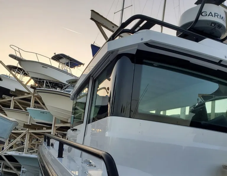 Cabin cruiser at a marina