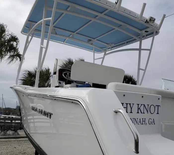 Center console boat with a blue T-top