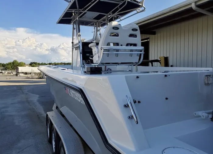 Center console boat in the shop