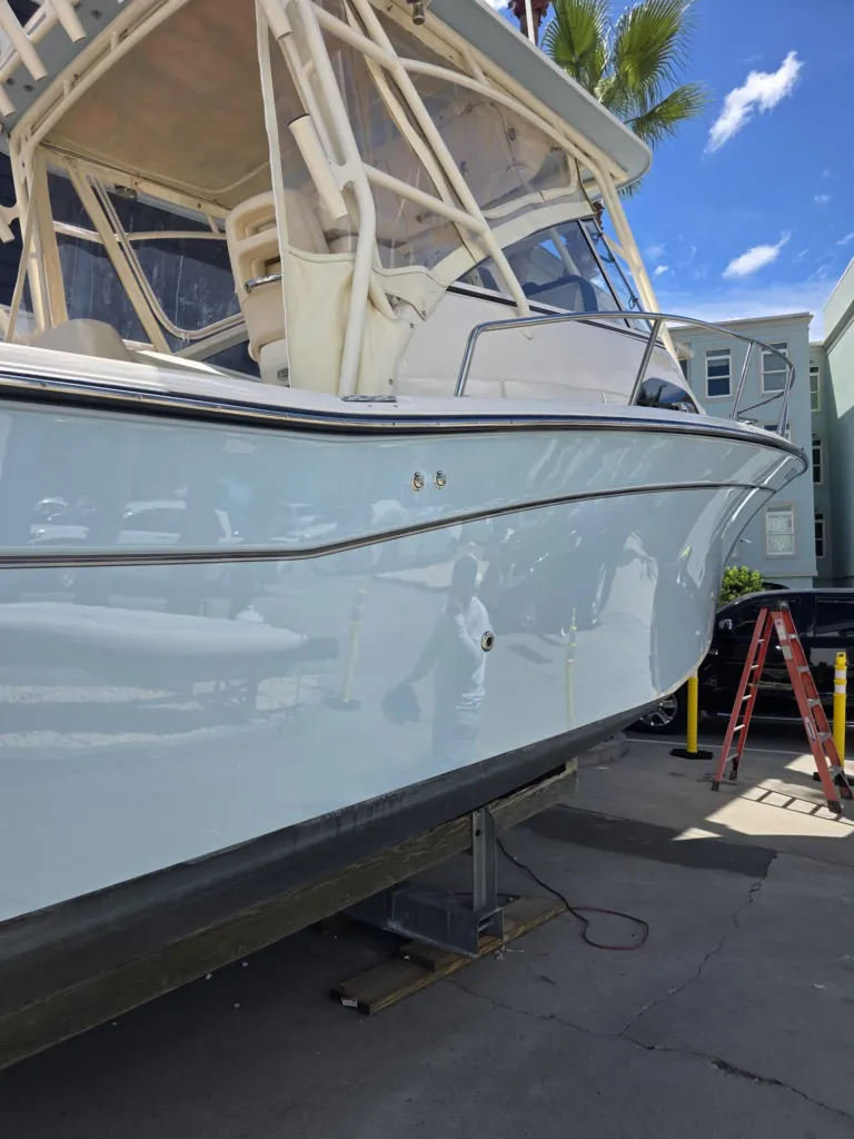 Gray Grady-White hull with a mirror gloss finish