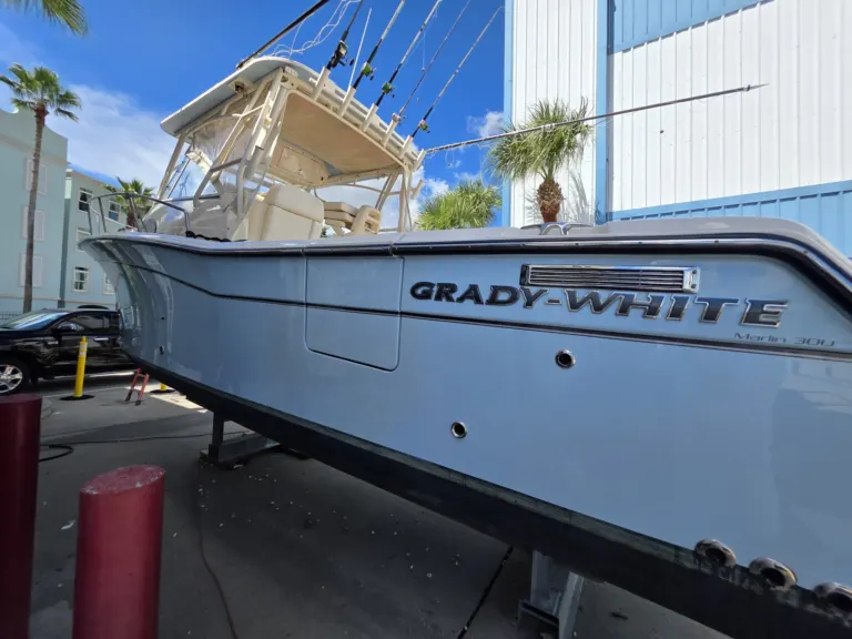 Gray Grady-White Marlin 30 with a deep gloss on the hull