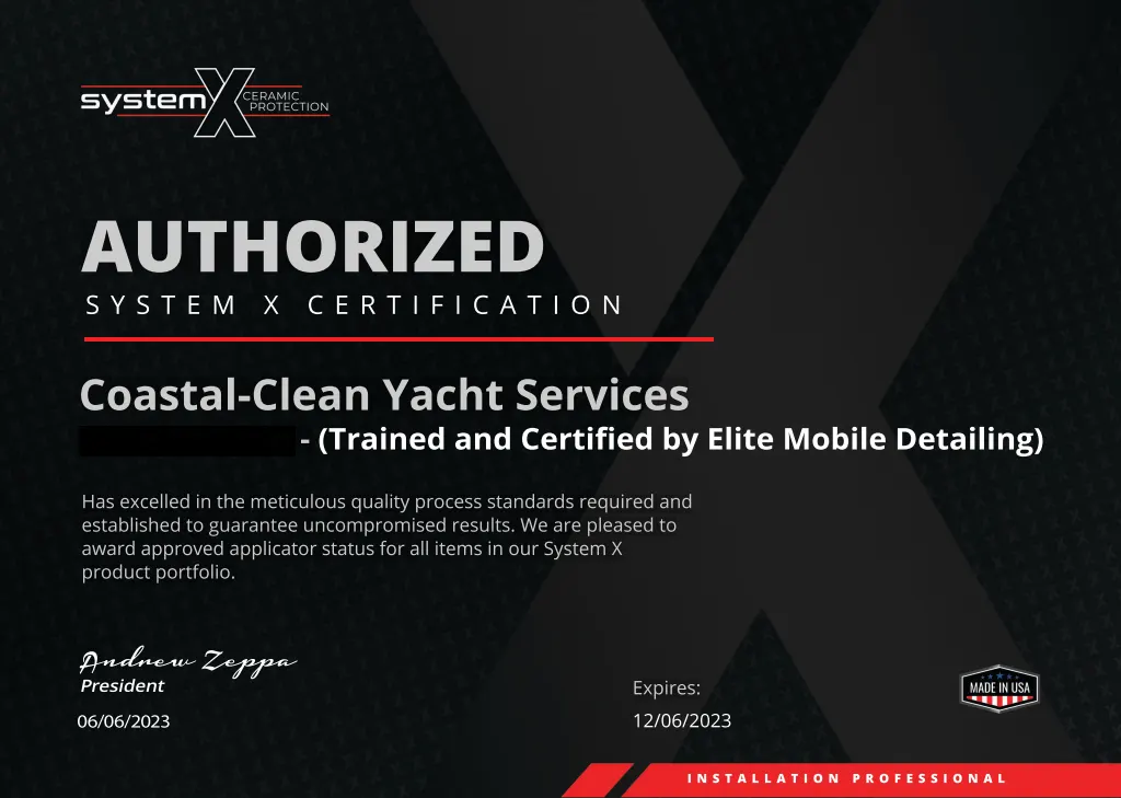 Sample System X certification earned by a trainee of the Elite boat coating class