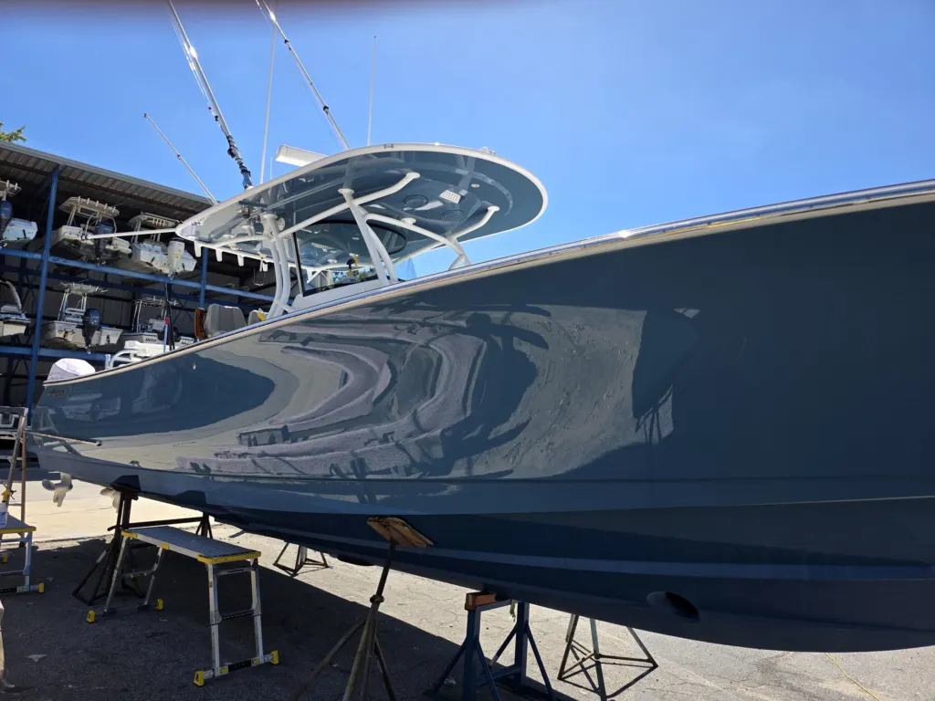 The Valhalla bow with Yacht Armor film, reflecting the marina
