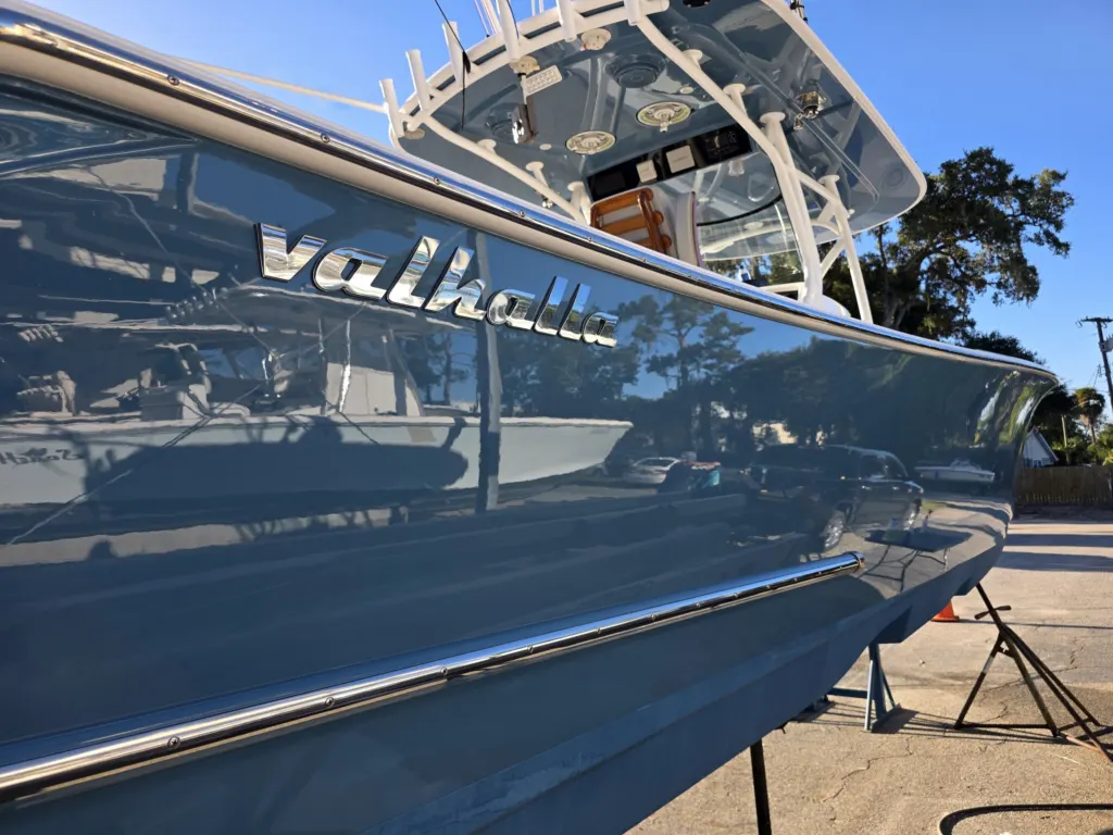 Close view of the Valhalla name on the filmed hull